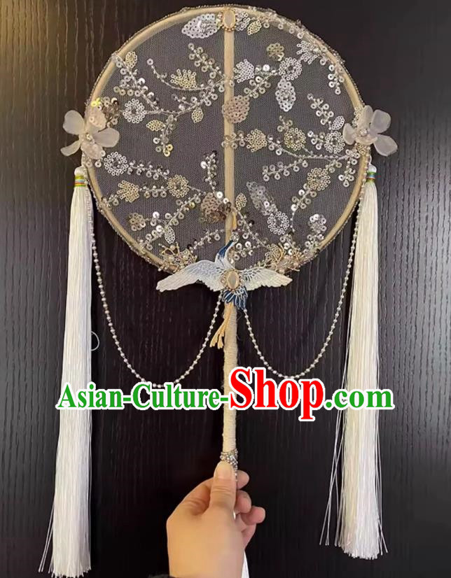 Embroidery Beads Heavy Industry Ancient Style Hanfu Long Handle Round Fan Handmade Palace Fan Dance Fan Chinese Style