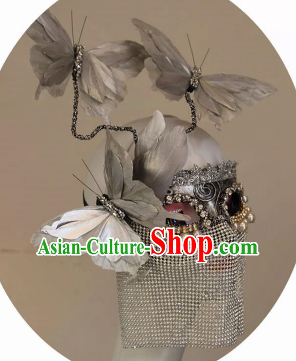 Silver Three Dimensional Feather Butterfly Metal Plating Texture Draped Veil Mask COS Performance Accessories