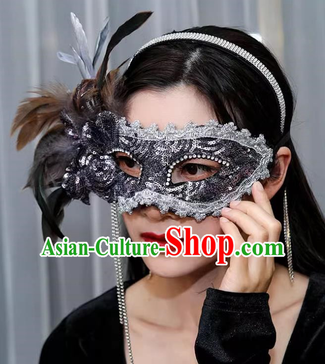 Venetian Gray Flower Mask Feather Masked Singer Halloween Carnival Party Mask