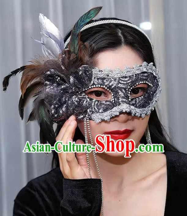 Venetian Gray Flower Mask Feather Masked Singer Halloween Carnival Party Mask