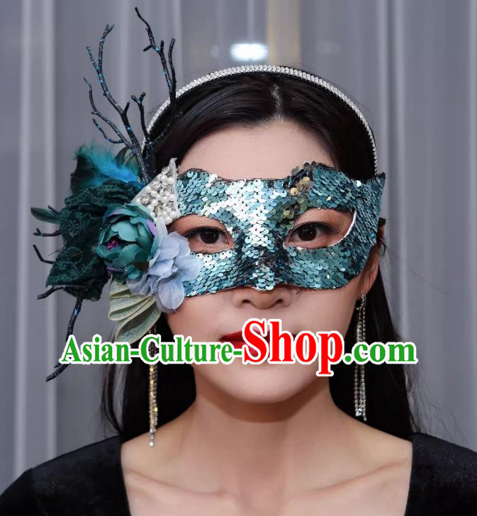 Venetian Green Flower Mask Feather Masked Singer Halloween Carnival Ball Party Mask
