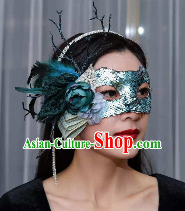 Venetian Green Flower Mask Feather Masked Singer Halloween Carnival Ball Party Mask