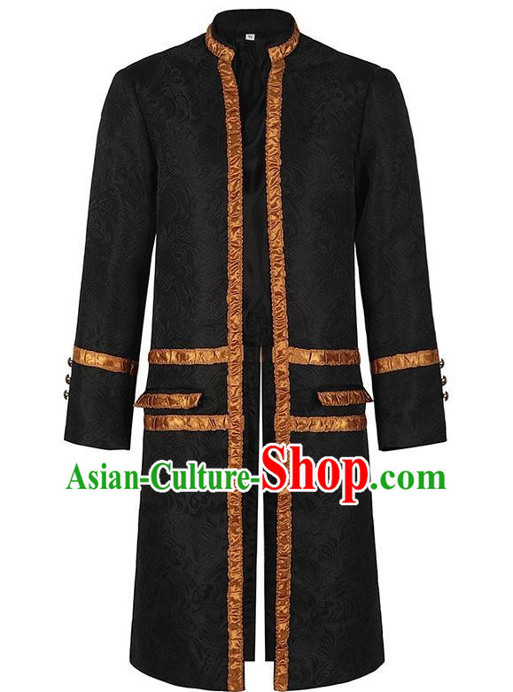 Medieval Black Jacquard Jacket Male Cosplay Old Aristocratic Court Coat Dark Gold Edging Collar Stand-Up Costume