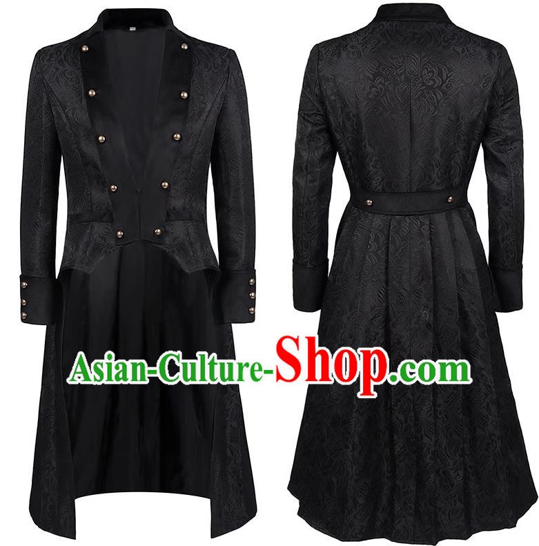 European And American Retro Black Coat Metal Rivets Rebuttal Collar Long-Sleeved Coat Medieval Stage Play Costume Large Size