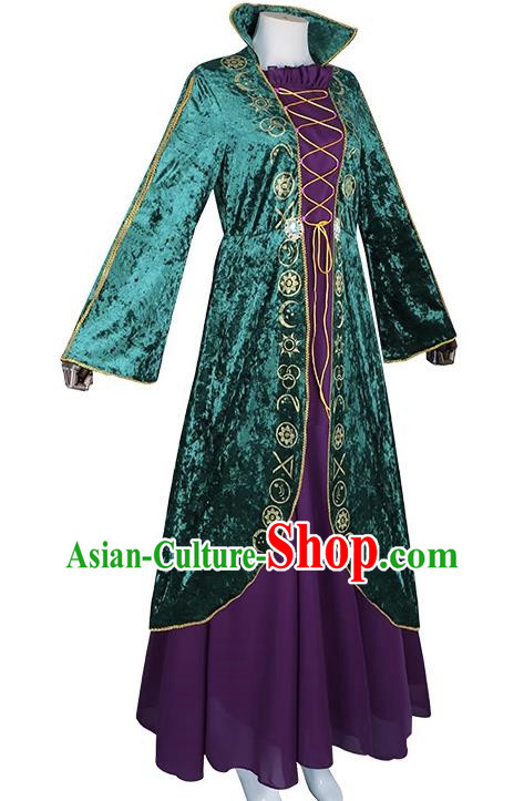 Green Retro Velvet Dress Cosplay Witch Costume Big Swing Sleeves