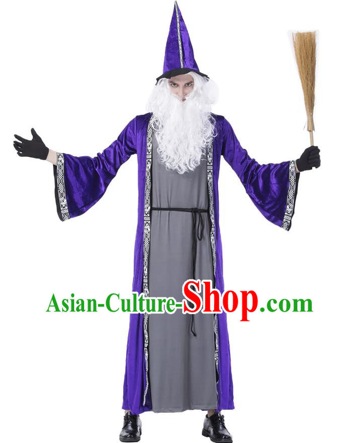 Halloween Blue Magician Costume Cosplay High Pointed Hat Elf Wizard Adult Long Section Warlock Costume Large Size