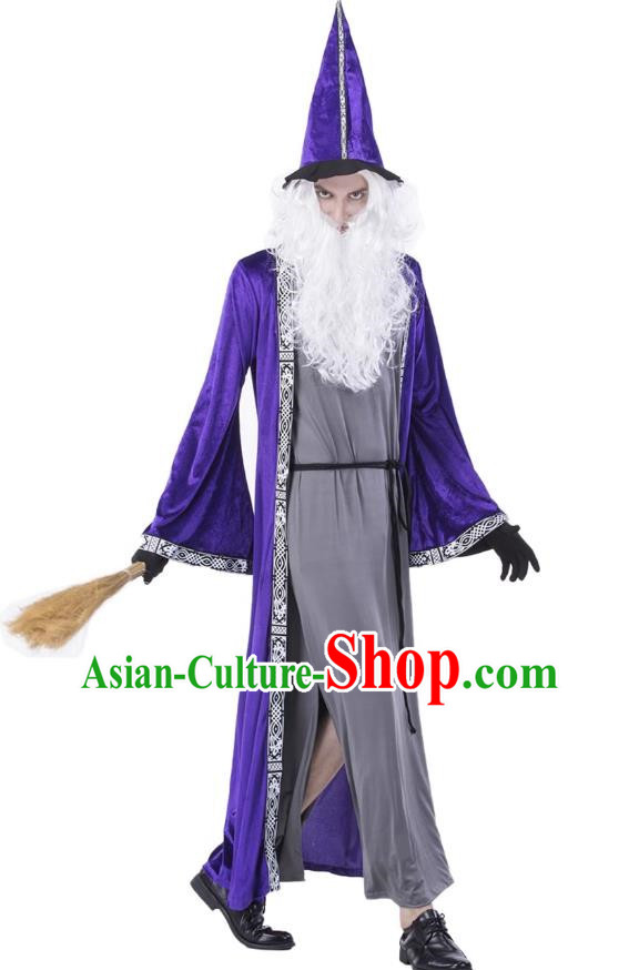 Halloween Blue Magician Costume Cosplay High Pointed Hat Elf Wizard Adult Long Section Warlock Costume Large Size