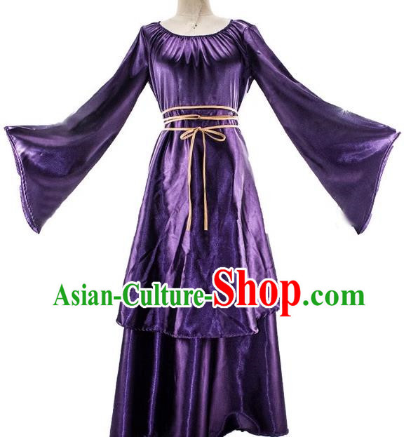 Medieval European Long Dress Female Purple Imitation Silk Shiny Dress Retro Round Neck Large Swing Sleeve Clothing