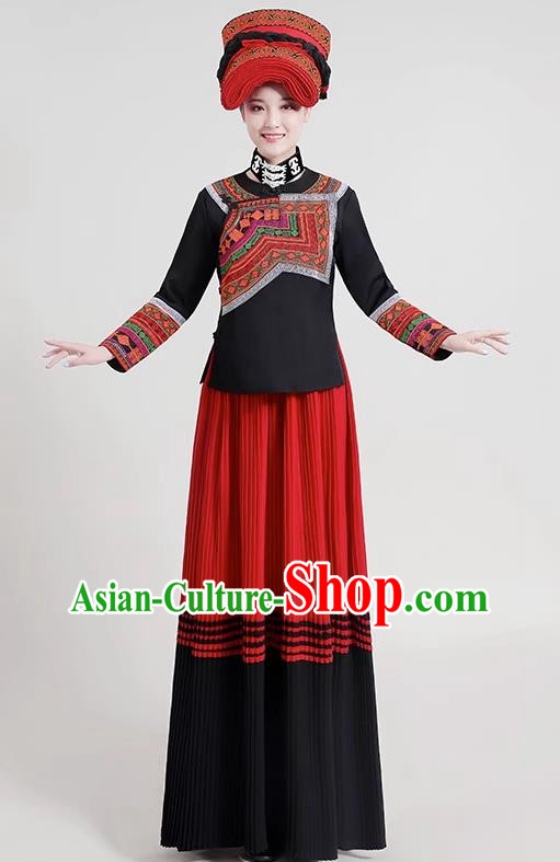 Yunnan Yi Ethnic Minority Traditional Women Dress Long Skirt Embroidery Daily Life Torch Festival Performance Costumes