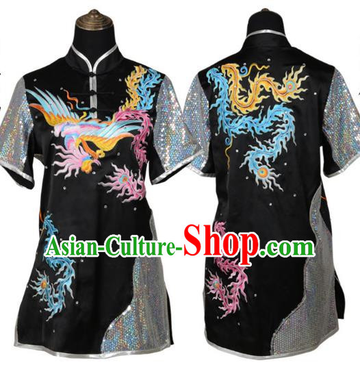 Black Martial Arts Clothing Embroidered Phoenix Performance Clothing Competition Clothing Long Boxing Clothing Practice Clothing For Women, Boys And Children