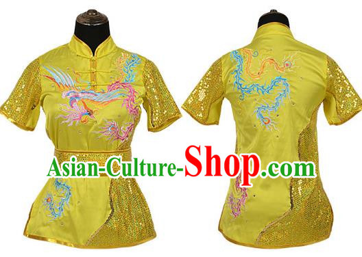 Yellow Martial Arts Clothing Embroidered Phoenix Performance Clothing Competition Clothing Long Boxing Clothing Practice Clothing For Women, Boys And Children