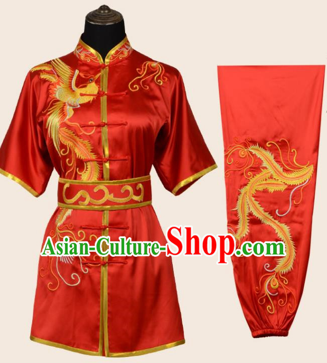 Red Martial Arts Clothing Phoenix Dance Nine Days Embroidered Phoenix Performance Clothing Long Boxing Clothing Practice Clothing Competition Clothing For Women, Boys And Children