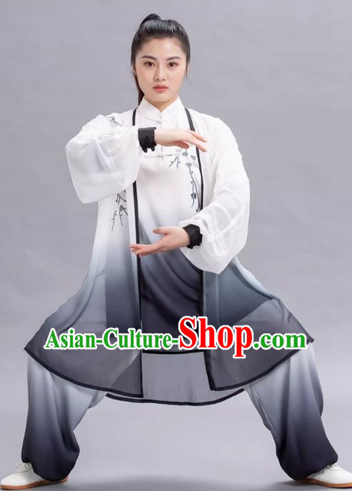 Tai Chi Ink Plum Blossom Embroidery Gradient Transition Color Three Piece Set Elegant Performance Costume Competition Tai Chi Costume