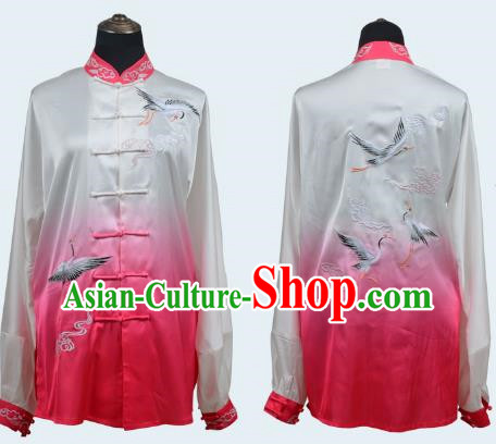 Rose Red Tai Chi Clothes Cloud Crane Gradient Transition Color Three Piece Suit Drape Embroidery Practice Clothes For Men And Women Performance Clothes