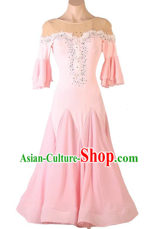 Pink Modern Dance Dress Professional Performance Competition Clothing Waltz Ballroom Dance Chiffon Swing Skirt