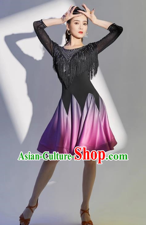 Latin Dance Skirt Performance Clothing Female Professional Competition Dance Gradient Dress Group Practice Performance Sexy Fringed Skirt