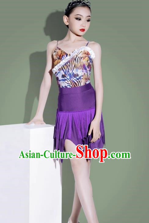 Latin Dance Practice Clothing Girls Summer Suspenders Split Skirt Training Clothing Children Tassel Printing Performance Clothing