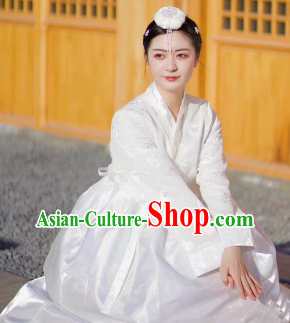 Korean Female Hanbok Traditional Court Princess Costume Bride White Fashion