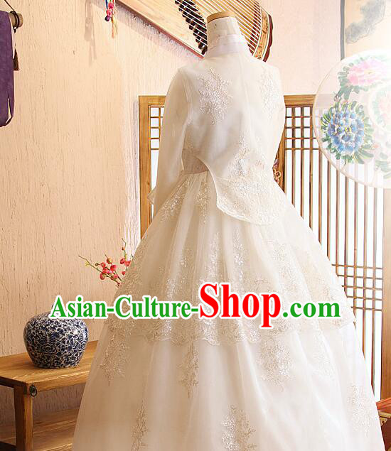 Korean Bride Celebration Costume Traditional Wedding Dress Embroidered Lace White Hanbok