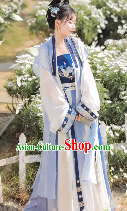 Chinese Song Dynasty Female Garment Costumes Traditional Blue Hanfu Dress Ancient Young Woman Clothing
