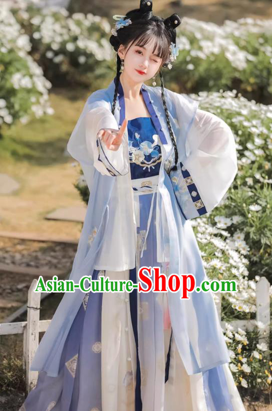 Chinese Song Dynasty Female Garment Costumes Traditional Blue Hanfu Dress Ancient Young Woman Clothing