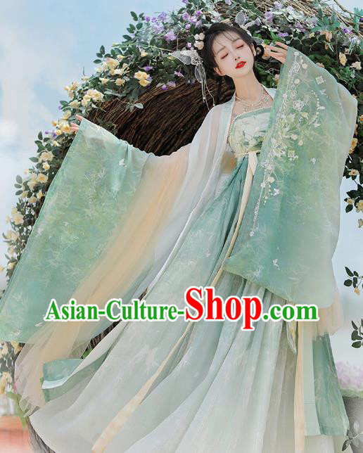 Chinese Ancient Flower Fairy Clothing Tang Dynasty Royal Princess Garment Costumes Traditional Green Hanfu Dress