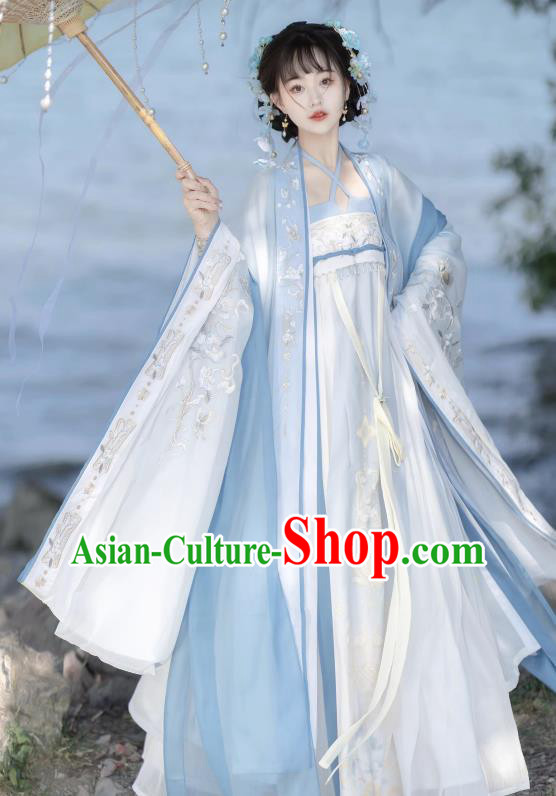 Chinese Traditional Woman Blue Hanfu Dress Ancient Flower Fairy Clothing Tang Dynasty Royal Princess Garment Costumes