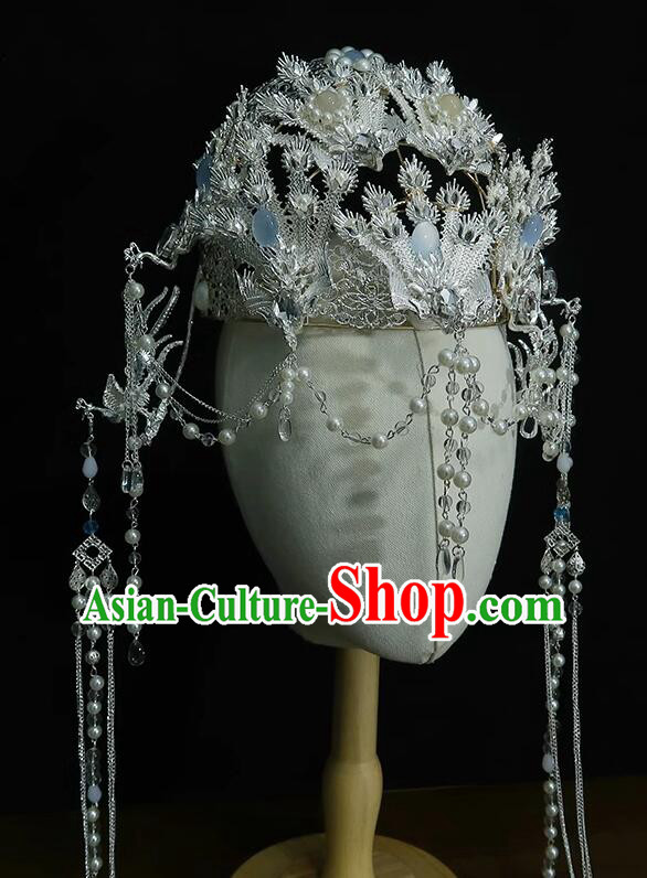 Chinese Ancient Empress Argent Crown Handmade Phoenix Headdress Hanfu Wedding Jewelries