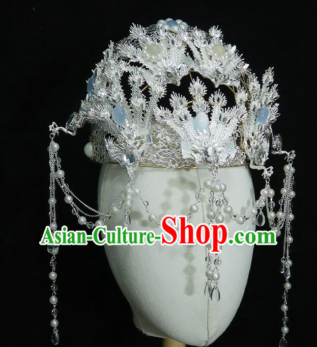 Chinese Ancient Empress Argent Crown Handmade Phoenix Headdress Hanfu Wedding Jewelries