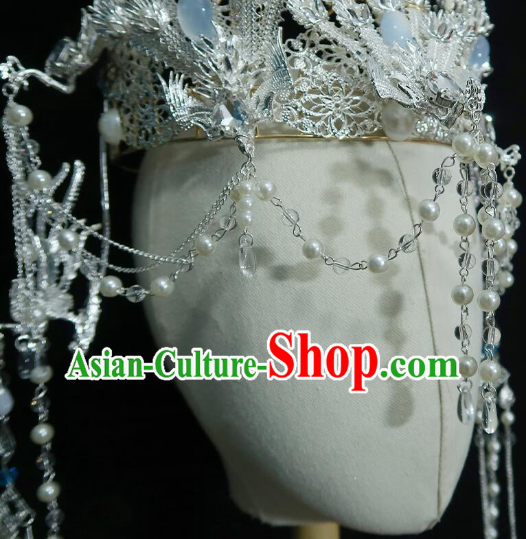 Chinese Ancient Empress Argent Crown Handmade Phoenix Headdress Hanfu Wedding Jewelries