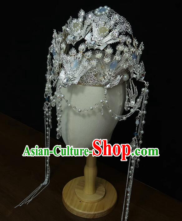 Chinese Ancient Empress Argent Crown Handmade Phoenix Headdress Hanfu Wedding Jewelries