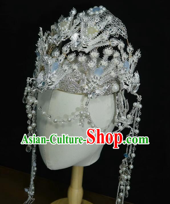 Chinese Ancient Empress Argent Crown Handmade Phoenix Headdress Hanfu Wedding Jewelries