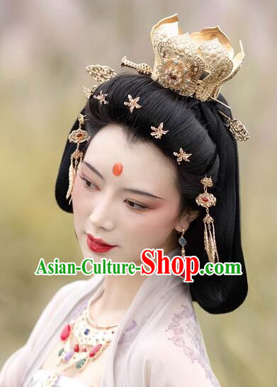 Chinese Ancient Empress Golden Lotus Crown Handmade Song Dynasty Court Woman Headdress Hanfu Hair Jewelries