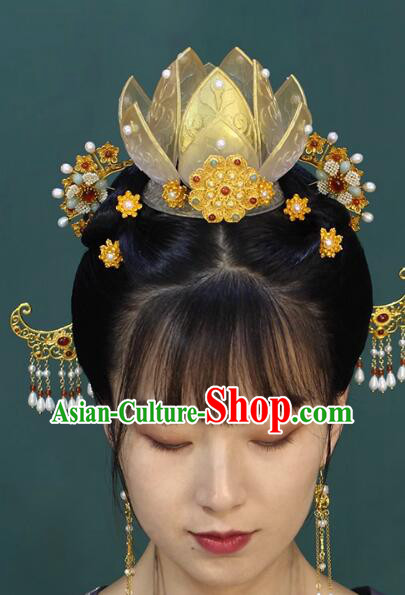Chinese Song Dynasty Court Empress Headdress Handmade Hanfu Woman Hair Jewelries Ancient Goddess Lotus Crown