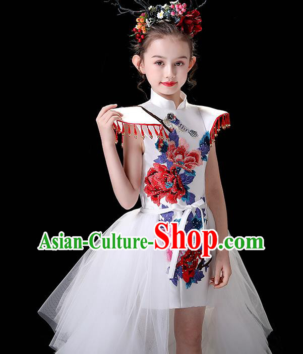 Chinese Embroidered Qipao Costume Top Children Modern Fancywork Clothing Girl Compere Full Dress