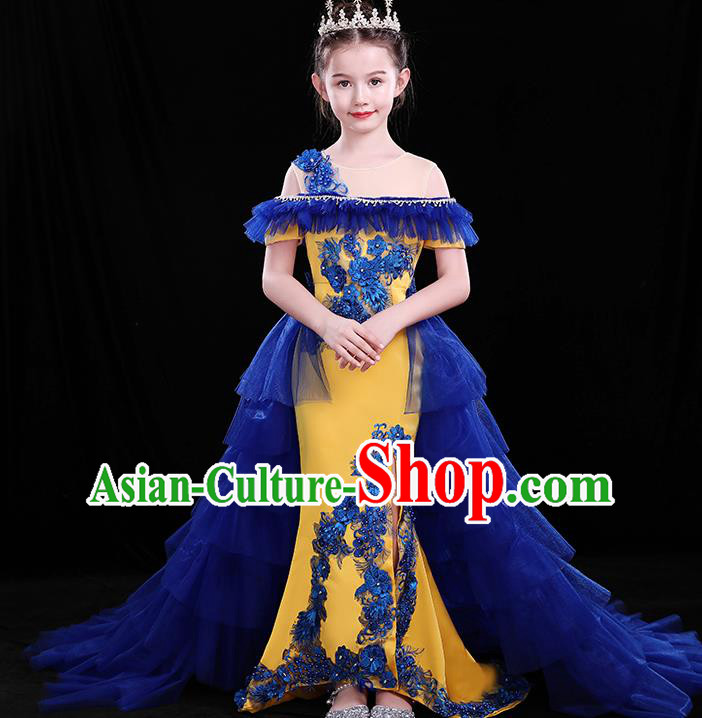 Chinese Girl Compere Full Dress Embroidered Birthday Costume Children Modern Fancywork Clothing