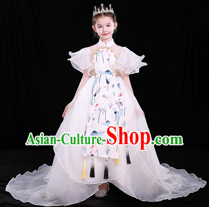Children Modern Fancywork Clothing Chinese Girl Compere White Full Dress Catwalks Printing Lotus Costume