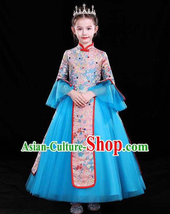 Top Catwalks Blue Veil Costume Children Modern Fancywork Clothing Chinese Girl Compere Full Dress