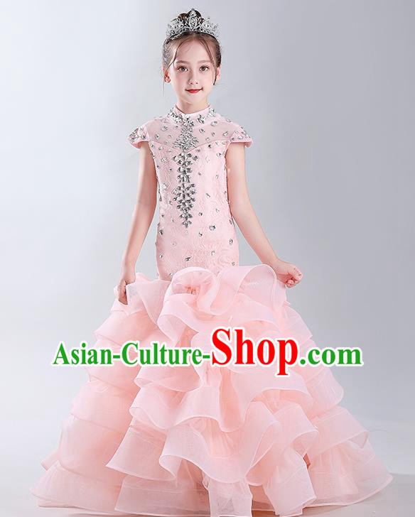 Children Modern Fancywork Clothing Girl Compere Pink Full Dress Catwalks Princess Formal Costume