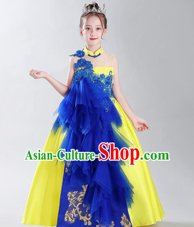 Catwalks Princess Formal Costume Children Modern Fancywork Clothing Girl Compere Yellow Full Dress