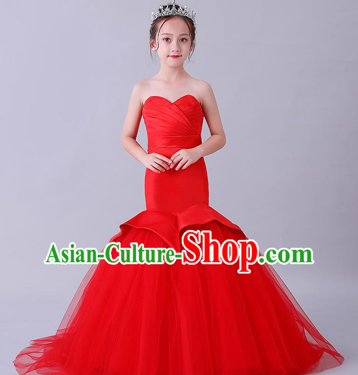 Children Stage Show Clothing Girl Compere Red Mermaid Full Dress Catwalks Princess Formal Costume