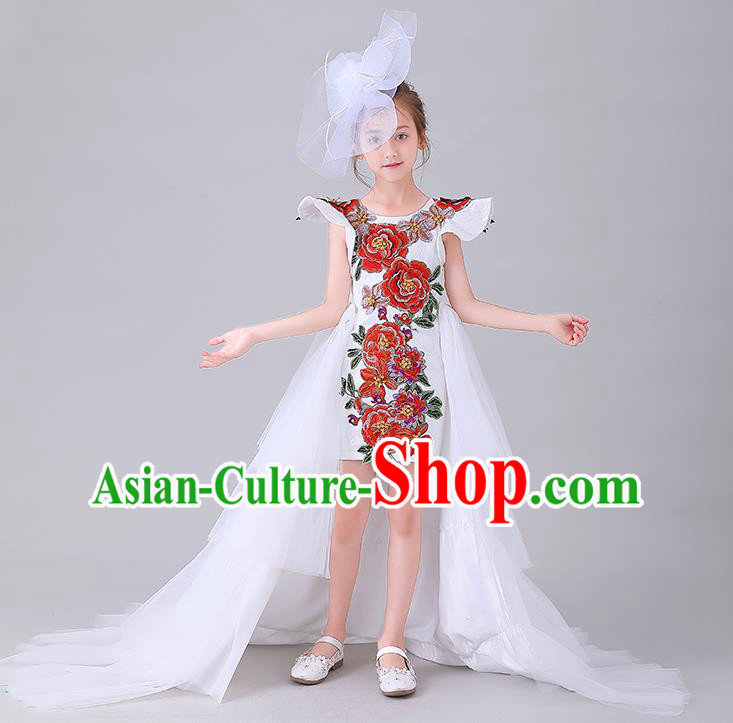 Children Catwalks Embroidered Costume Stage Show Princess Clothing Girl Compere White Full Dress