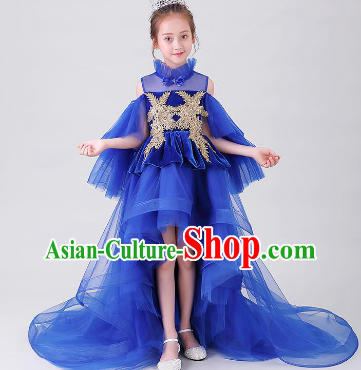Girl Compere Royal Blue Full Dress Children Catwalks Embroidered Costume Stage Show Princess Clothing