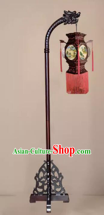 Ancient China Painted Landscape Lantern Wooden Floor Lantern Handmade Standing Palace Lamp