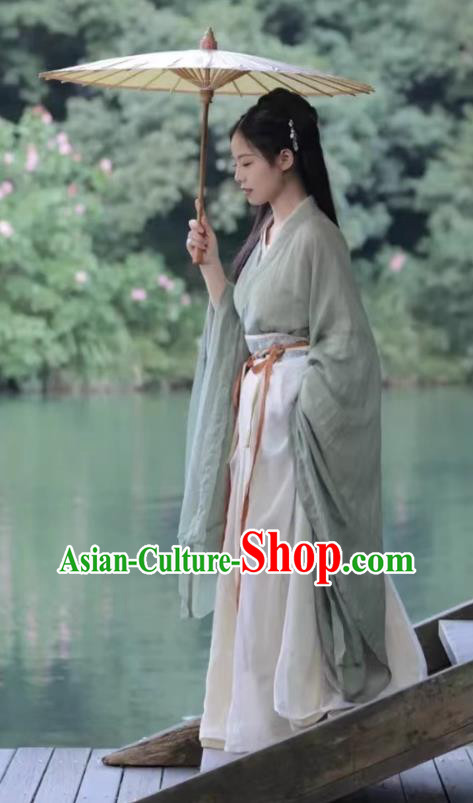 Ancient Jin Dynasty Young Woman Clothing China Country Lady Costumes Traditional Green Hanfu Dress