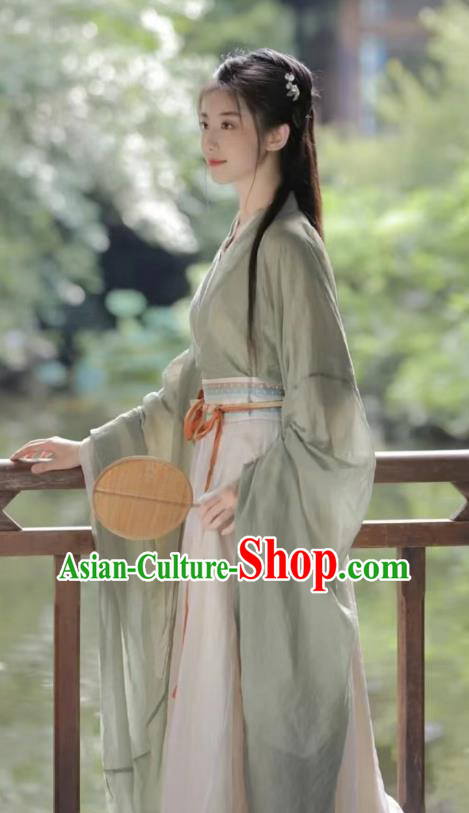 Ancient Jin Dynasty Young Woman Clothing China Country Lady Costumes Traditional Green Hanfu Dress
