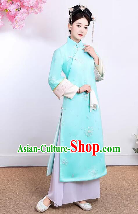 China Qing Dynasty Court Lady Clothing TV Series Manchu Woman Blue Dress Ancient Royal Princess Costumes