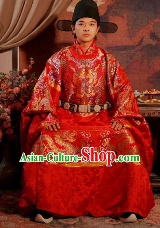 China Traditional Wedding Clothing Ancient Groom Red Costume Ming Dynasty Scholar Robes Complete Set