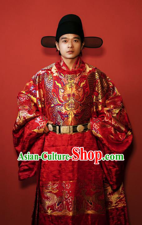 China Traditional Wedding Clothing Ancient Groom Red Costume Ming Dynasty Robes Complete Set