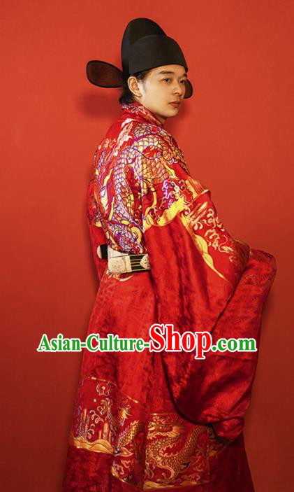 China Traditional Wedding Clothing Ancient Groom Red Costume Ming Dynasty Robes Complete Set